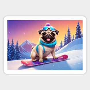 Pug Dog on Snowboard Magnet